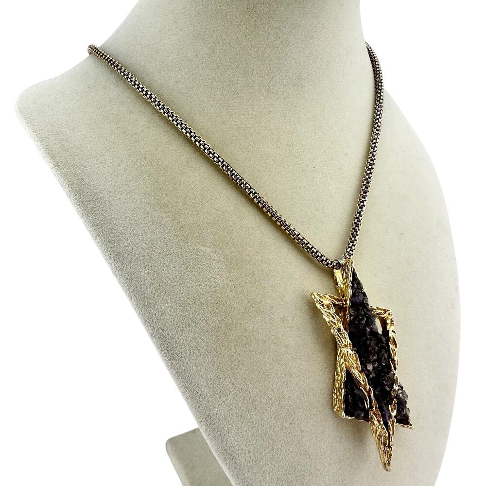 Panetta RARE Brutalist Vintage Gold Plated Amethyst Chips Pendant 20” Necklace